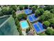 Aerial view of the community pool, tennis courts, and surrounding landscaping at 7020 Grassmoor Grange Way, Cumming, GA 30040
