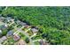 Aerial shot showcasing a single-Gathering home with mature trees and a manicured lawn within a neighborhood setting at 7020 Grassmoor Grange Way, Cumming, GA 30040