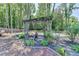 Picturesque backyard setting with decorative rock landscaping, mature trees, and charming garden art at 7020 Grassmoor Grange Way, Cumming, GA 30040