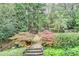 Expansive back yard featuring lush landscaping, trees and terraced stone steps at 8070 Georgetown Cir, Suwanee, GA 30024