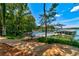 Scenic view of a private boat dock on the lake, accessible via a wooded path and wooden bridge at 4435 Pebble Rock Dr, Cumming, GA 30041