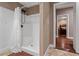 Bathroom shower and doorway leading into the main bedroom at 111 Ayers Driver Rd, Villa Rica, GA 30180