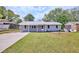 Cozy one-story home with a well-manicured lawn, gray brick, a red front door, and mature trees at 5251 Joan Of Arc Pl, Atlanta, GA 30349