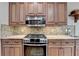 Kitchen featuring stainless steel oven, tiled backsplash, granite counters, and wooden cabinets at 3230 Riverhill Ct, Cumming, GA 30041
