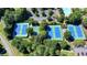 Aerial shot of the well-maintained community tennis courts, surrounded by lush greenery and trees at 3230 Riverhill Ct, Cumming, GA 30041