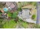 Aerial view of private backyard oasis with pool, firepit, playground and outdoor entertaining space at 383 Indian Hills Trl, Marietta, GA 30068