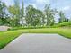 Large backyard with a concrete patio area surrounded by lush greenery and mature trees at 5119 Aylesbury Ct, Hoschton, GA 30548