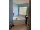 Corner tub under a bright window in a blue bathroom with plants at 1668 Scenic Pines Dr, Lawrenceville, GA 30044