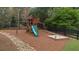 Wooden playground with swings, slide and rock-climbing wall in a mulched play area and a sandbox at 332 Chaffin Rd, Roswell, GA 30075