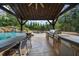 Outdoor kitchen and swim-up bar area with seating under a covered cabana by the pool at 332 Chaffin Rd, Roswell, GA 30075