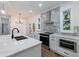 Beautiful kitchen with stainless steel appliances, an island sink, quartz countertop, and brick backsplash at 2438 Shadburn Ferry Dr, Buford, GA 30518