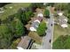 Aerial shot of a well-maintained neighborhood street, lined with trees and houses under a partly cloudy sky at 3452 Hard Creek Ln, Buford, GA 30519