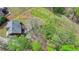 An aerial view shows the roof and backyard of a house surrounded by lush trees and greenery at 220 Carriage Station Dr, Lawrenceville, GA 30046