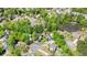 An aerial view of a neighborhood featuring lush greenery, a pond, and well-maintained homes with backyard pools at 3130 Crestmont Nw Way, Kennesaw, GA 30152