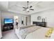 Spacious bedroom with TV, sitting area, tray ceilings, and ensuite bathroom at 8385 E Village School E Dr, Cumming, GA 30041