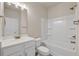 Bright bathroom featuring a tub-shower combo with a white vanity and neutral paint at 5140 Woodline View Cir, Auburn, GA 30011