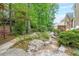 Serene backyard featuring a stone walkway, lush landscaping, and mature trees creating a private and tranquil outdoor retreat at 3915 Merriweather Woods, Johns Creek, GA 30022