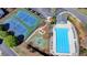 A birds eye view of community pool, tennis courts, basketball court, green space and other neighborhood amenities at 580 Hammersmith Dr, Suwanee, GA 30024