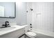 Cozy bathroom featuring a white vanity, shower/tub combo, and stylish black fixtures at 754 Fayetteville Se Rd, Atlanta, GA 30316
