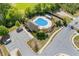 Aerial view of the community pool featuring a large pool, ample parking, and a nearby covered pavilion at 8335 Village Pl, Suwanee, GA 30024