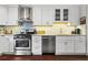 Well-equipped kitchen featuring stainless steel appliances, white cabinets, and tile backsplash at 3085 Balearic Se Dr, Marietta, GA 30067