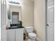 Elegant powder room featuring a modern vanity with a black countertop and stylish decorative accents at 510 Ashland Manor Dr, Lawrenceville, GA 30045