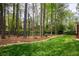 Backyard features a spacious lawn with rock lined landscaping and mature trees at 325 N Saint Phillip Ln, Alpharetta, GA 30022