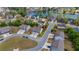 Aerial view of a residential neighborhood showcasing houses, streets, and a serene lake at 7200 Brigidoon Rose, Douglasville, GA 30134