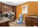 Laundry room features wooden cabinets, stainless steel washer and dryer, and a sink at 150 White Tail Ct, Fayetteville, GA 30214