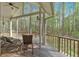 A covered porch featuring chairs, wooden floors, and a view of a lush, green forest at 3800 Macland Rd, Hiram, GA 30141