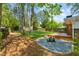 View of lush backyard, wooden deck, and gravel fire pit surrounded by mature trees at 3700 Sexton Woods Dr, Chamblee, GA 30341