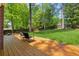 Wood deck with rocking chairs overlooking a spacious, grassy backyard at 3700 Sexton Woods Dr, Chamblee, GA 30341