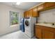 Laundry room with stainless steel washer and dryer, sink with wooden cabinets and backyard view at 2251 Everleigh Ln, Marietta, GA 30064