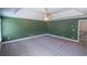 Spacious bedroom featuring an olive green wall, tray ceiling with fan, and plush carpet at 170 Shoal Park Dr, Mcdonough, GA 30252