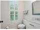 Well-lit half bathroom features marble countertop, white vanity, and plantation shutters at 1456 Hedgewood Nw Ln, Kennesaw, GA 30152