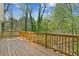 Wide, wood deck with railing provides ample outdoor living space and overlooks a peaceful, green landscape at 3125 Lakeside Dr, Cumming, GA 30041