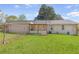 View of the backyard with a covered porch and a chain-link fence enclosing the area at 3556 Riley Rd, Douglasville, GA 30134