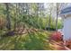 A view of the green backyard with a line of trees, bushes, and a partial view of the house, and backyard fence at 3027 Clove Tree Ln, Woodstock, GA 30189