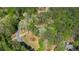 Aerial view showcasing a home nestled among lush green trees, with a winding road leading to the property at 104 Kremer Falls Trce, Canton, GA 30114