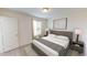 A calming bedroom featuring a gray bed, neutral walls, and soft carpeting at 7771 Sudbury Cir, Covington, GA 30014