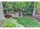 Backyard shows sitting area around fire pit surrounded by mature trees at 9770 Rod Rd, Alpharetta, GA 30022