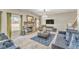 Spacious living room featuring stone fireplace, plush seating, and elegant chandelier at 1302 Gardenia Ct, Villa Rica, GA 30180