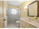Bathroom with walk-in shower, vanity, and neutral design scheme at 1000 N Harbor Ct, Atlanta, GA 30328