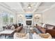 Stylish living room with coffered ceilings, fireplace, built-in shelves and comfortable seating at 1401 Kings Park Nw Dr, Kennesaw, GA 30152
