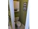 Small powder room featuring a toilet, storage cabinet, and green paint at 1042 Pecan Grove Pl, Lawrenceville, GA 30046
