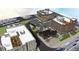 An aerial rendering showcasing the multi-building development with parking, street access, and patio areas at 120 N Main St # 2A, Alpharetta, GA 30009