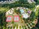Aerial view of the community pool, clubhouse, tennis courts, and parking area at 126 Cottage Club Dr, Locust Grove, GA 30248