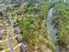 Overhead shot of a neighborhood near a river, showcasing landscaped lawns and winding streets at 1870 Chattahoochee Run Dr, Suwanee, GA 30024