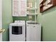 Well-equipped laundry room with a front-load washer and dryer, overhead cabinetry, and ample storage space at 310 Kingspring Ct, Roswell, GA 30076