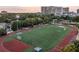 Aerial view of a sports field with a running track, athletic field, and cityscape backdrop at 77 Delmont Ne Dr, Atlanta, GA 30305